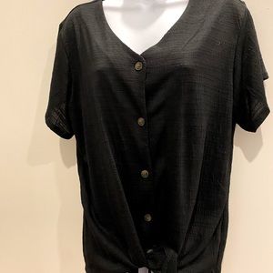 XL Weather proof vintage black blouse with knot in front.